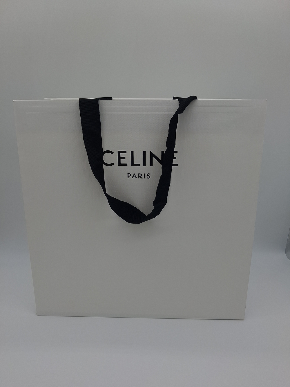 CELINE PARIS Large White Shopping Gift Bag Black Ribbon Handles 16" Luxury EUC